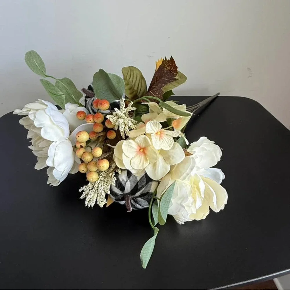 Fall Floral Stem Cream Peonies Buffalo Plaid Pumpkins White 19in Lot of 4